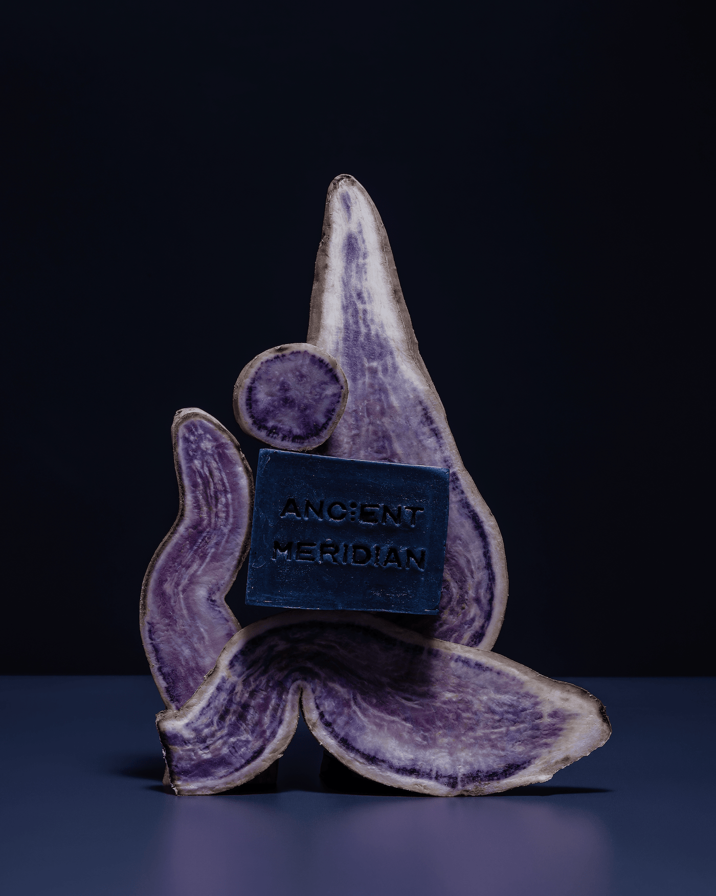Ancient Meridian Amiina indigo soap brick styled on natural surface – mineral-rich aquatic bar soap with bergamot and ylang ylang, Here & Always