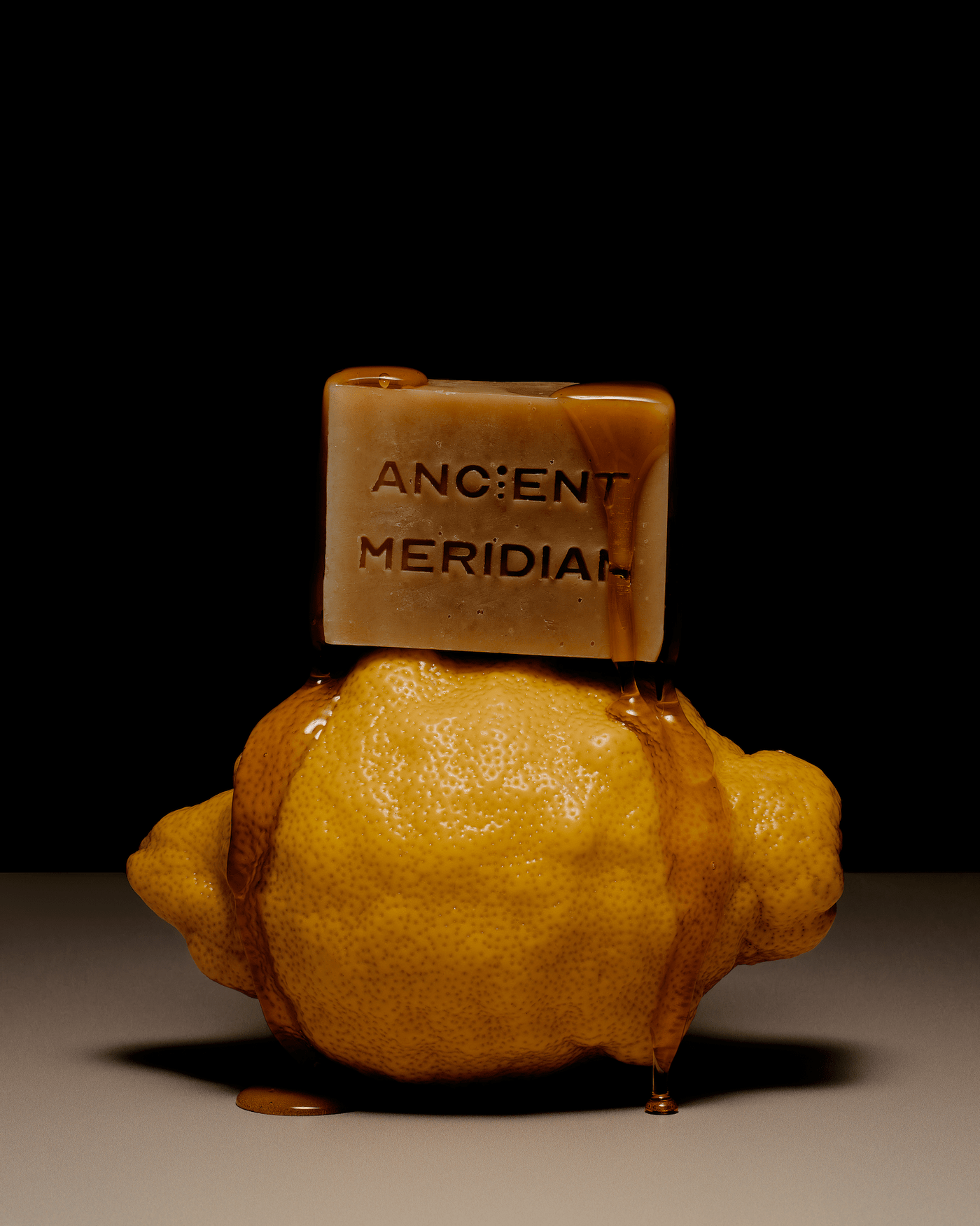 Ancient Meridian Ayaan honey soap brick styled on natural surface – radiant milk-and-honey bar soap with vanilla and cardamom, Here & Always