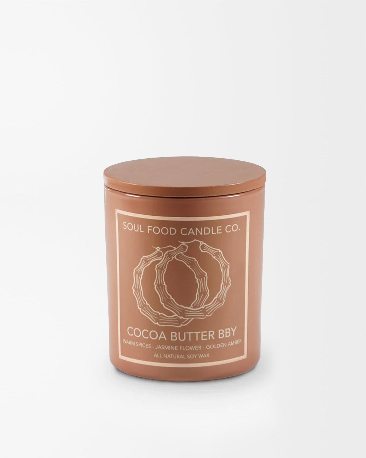 Soul Food Candle Co. Cocoa Cutter BBY Candle. Warm spices, jasmine flower, golden amber – a warm sensual glow that lingers | Here & Always