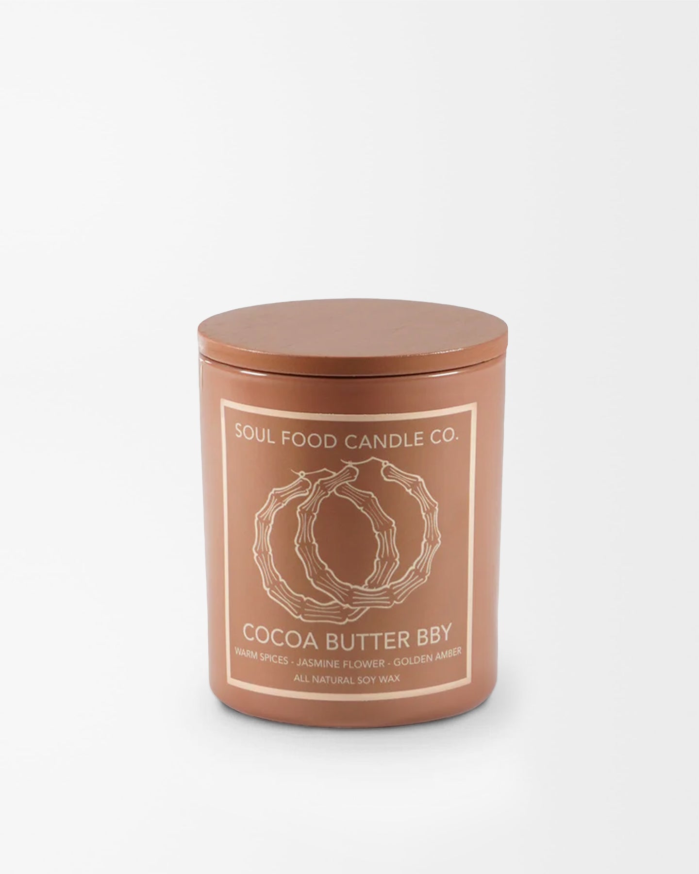 Soul Food Candle Co. Cocoa Cutter BBY Candle. Warm spices, jasmine flower, golden amber – a warm sensual glow that lingers | Here & Always