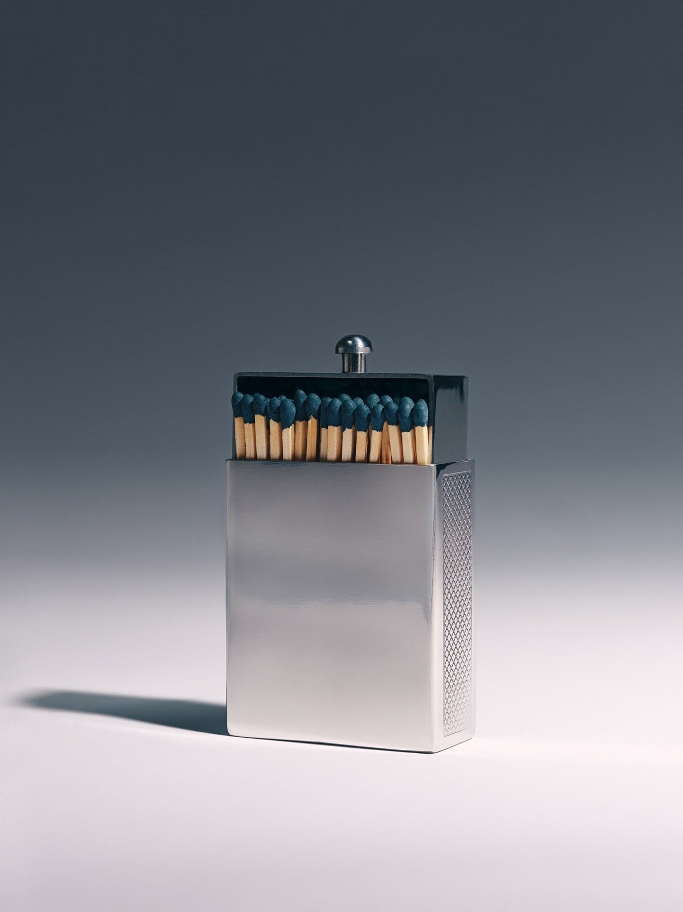 Personalized personalizable polished silver matchbox slightly open revealing matches inside, custom engraved gift by Here & Always