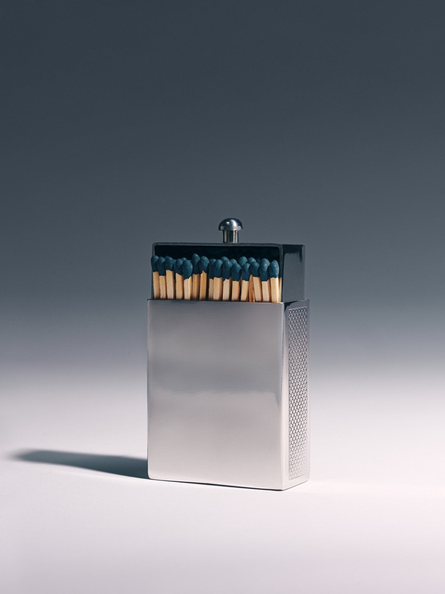 Personalized personalizable polished silver matchbox slightly open revealing matches inside, custom engraved gift by Here & Always