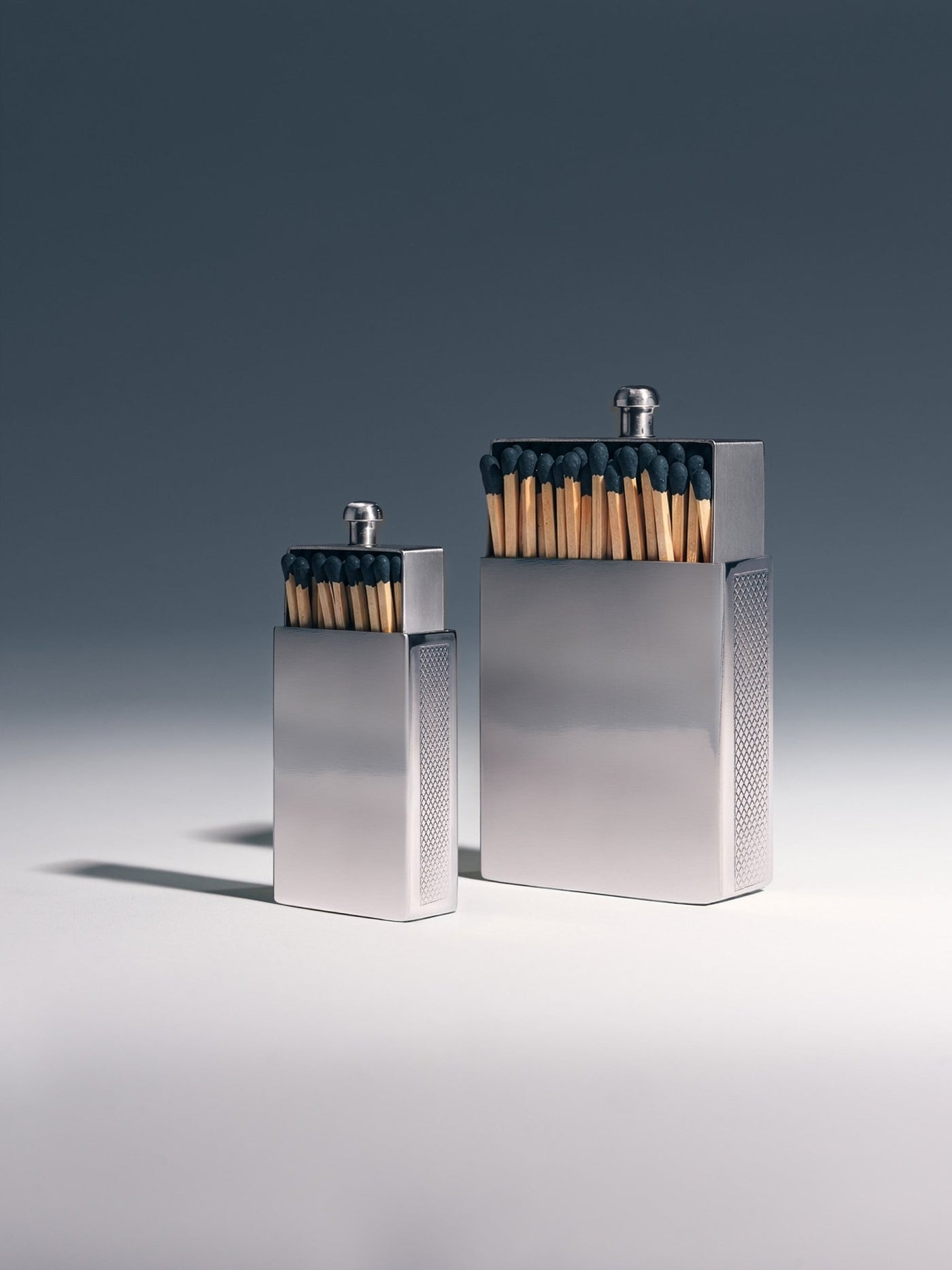 Little and Big polished silver matchbox size comparison, front view with custom engraving, studio shot | Here & Always