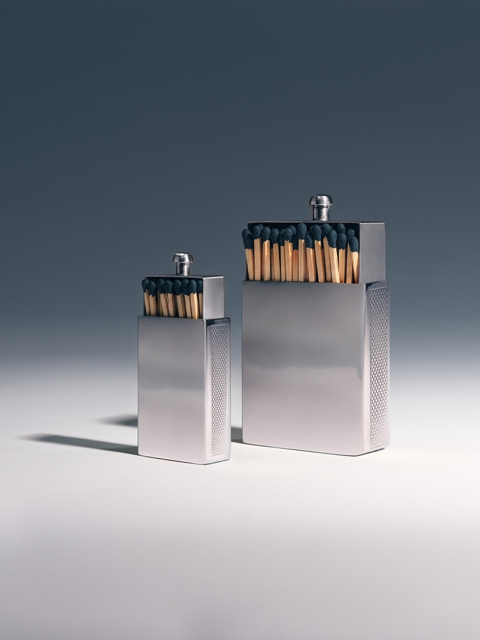 Little and Big polished silver matchbox size comparison, front view with custom engraving, studio shot | Here & Always