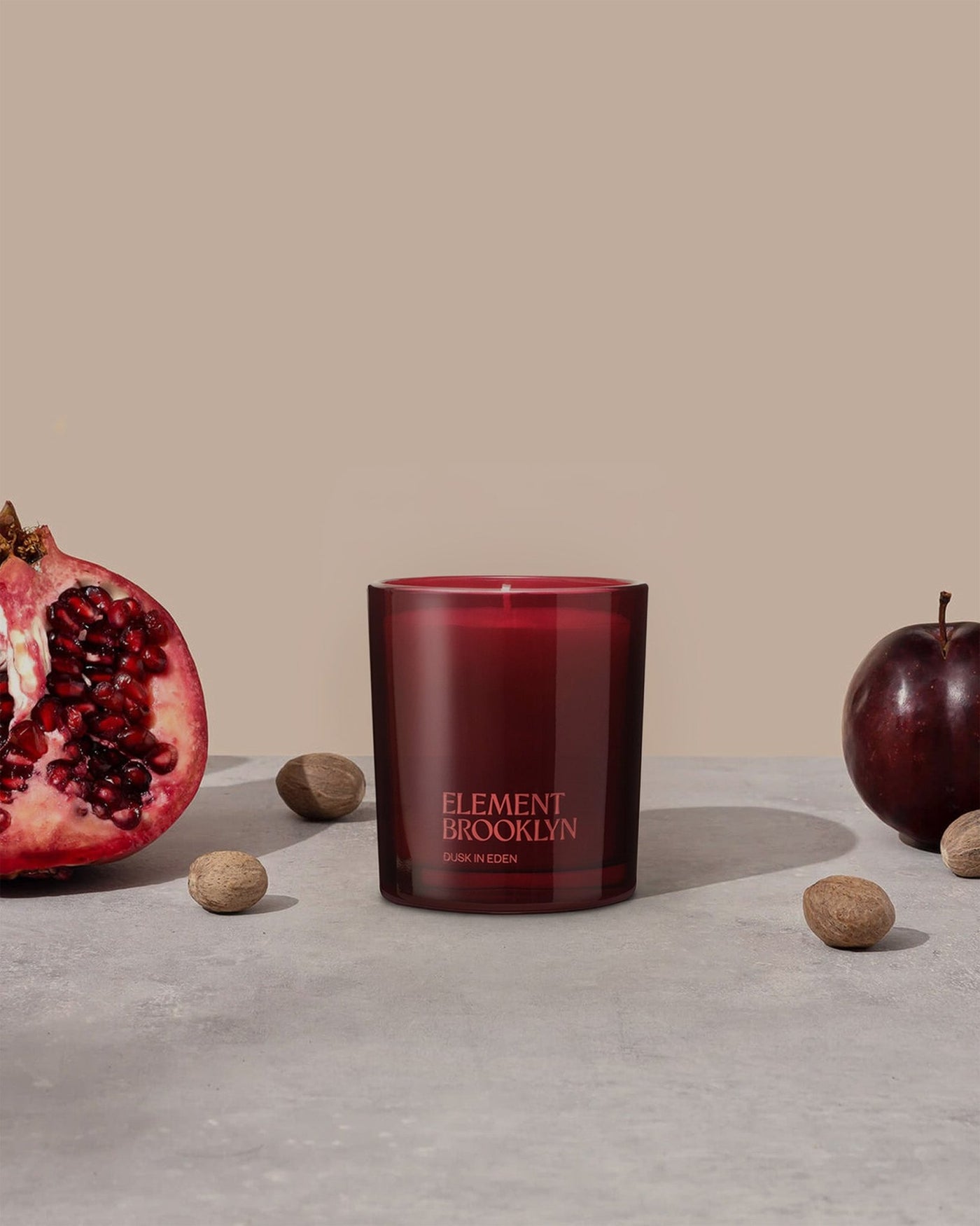 Dusk in Eden Candle by Element Brooklyn – pomegranate noir inspired soy candle in red vessel, included in Desert to Dusk Set