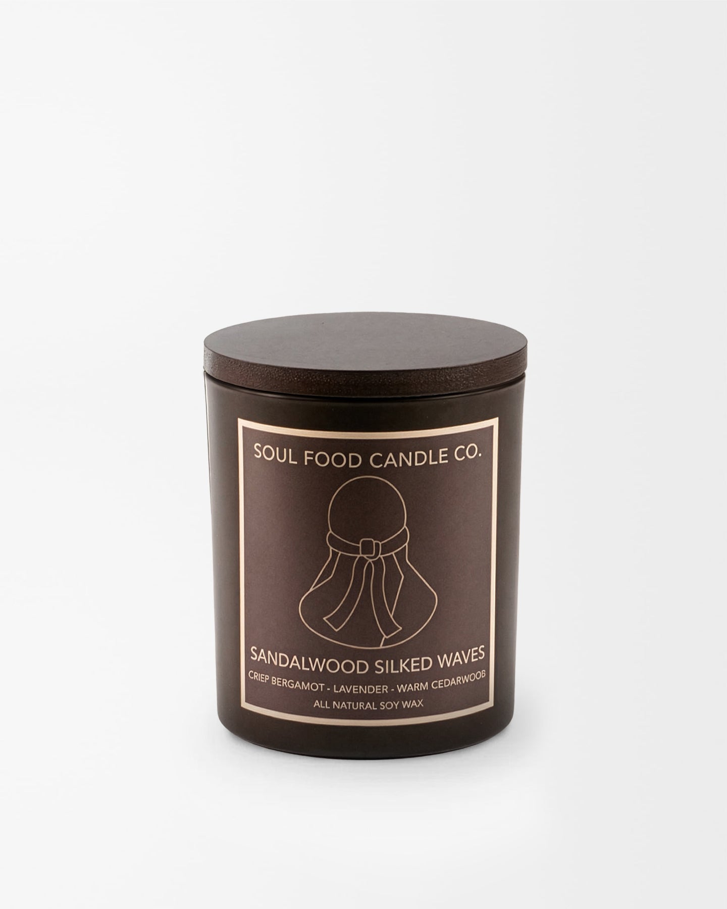 Soul Food Candle Co. Sandalwood Silked Waves Candle Crisp Bergamot brings uplifting, while lavender promotes relaxation. The depth of Warm Cedarwood grounds the scent | Here & Always