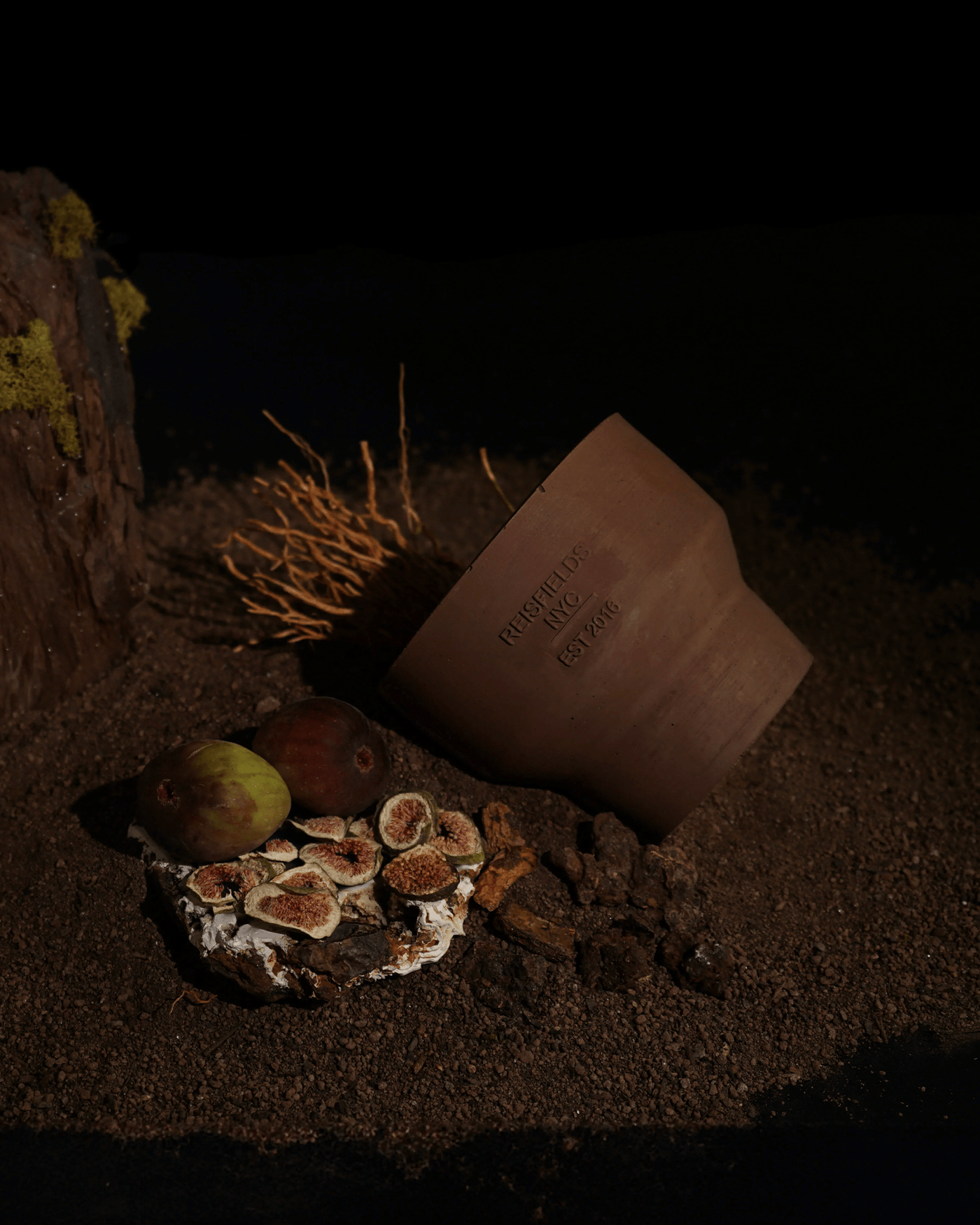 Reisfields No. 8 Candle, resins and incense lifestyle photo set atop grounded natural elements | Here & Always